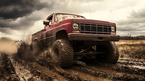 Red lifted pickup tearing through muddy country trail.