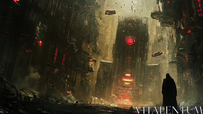 Cloaked figure confronts colossal red‑lit machine temple at dusk