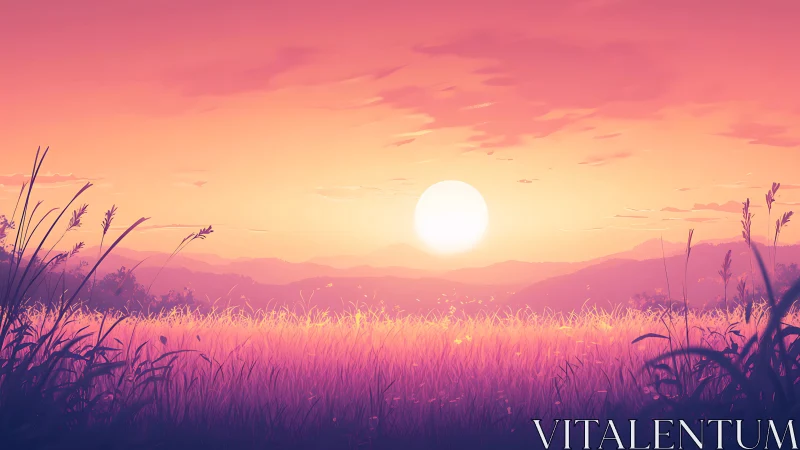 Sunlit grassland glows beneath vibrant pastel sunset sky.