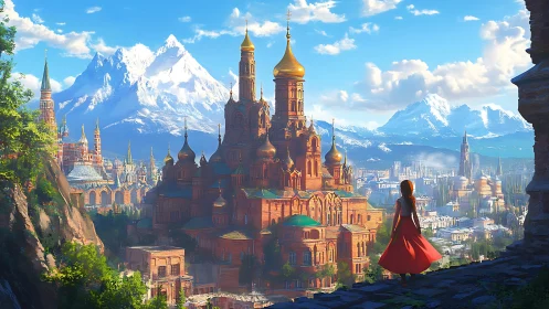 Mountain cityscape with ornate domed palace and observer.