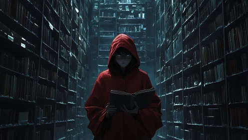 Hooded reader in vast nocturnal archive, cinematic low-key lighting.