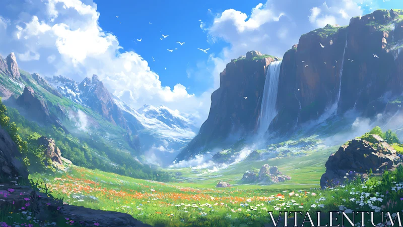 Sunlit alpine valley opens beneath towering waterfalls