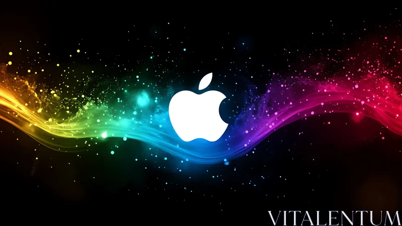 White apple logo centered on multicolor light wave background.