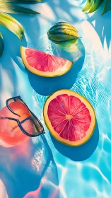 Grapefruit slices and sunglasses in bright blue pool water.