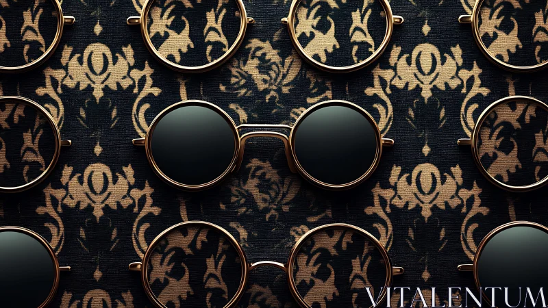 Gold round sunglasses grid on baroque damask textile surface
