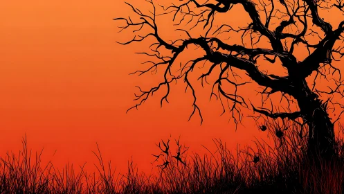 Silhouetted dead tree against high-saturation orange dusk sky