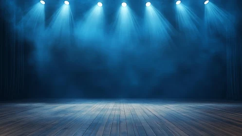 Empty theater stage under cool blue spotlight haze.