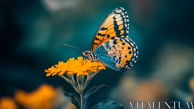 Luminous butterfly poised on marigold bloom in rich bokeh field.