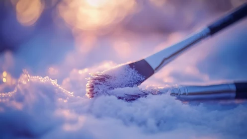 Winter brushes resting softly in twilight snow glow.