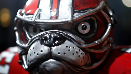 Close view of metallic bulldog football mascot helmet.