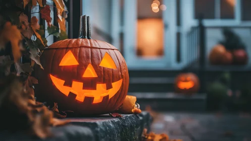 Glowing jack o lantern on porch steps at dusk during Halloween.