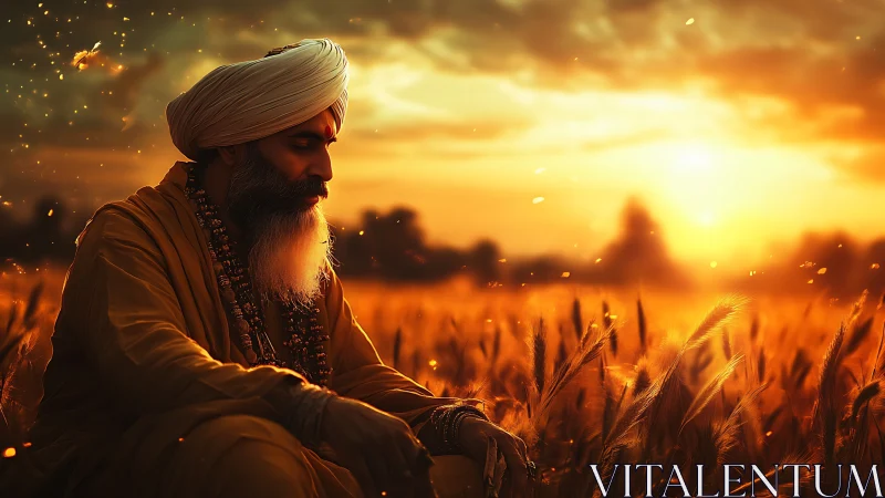 Elderly man sits in wheat field during low-angle sunset light