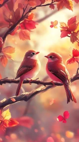 Songbirds rest on autumn branch under golden light.