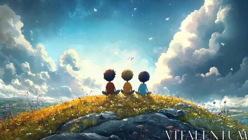 Three figures contemplating vast landscape beneath dramatic cumulus cloud formations and azure sky. 