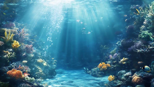 Sunlit coral reef scene with fish in clear blue water.