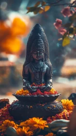Bronze Hindu deity statue with marigold floral offerings in bokeh shrine