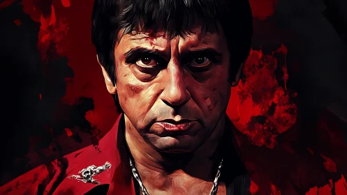 Digital portrait of stern male figure on red backdrop.