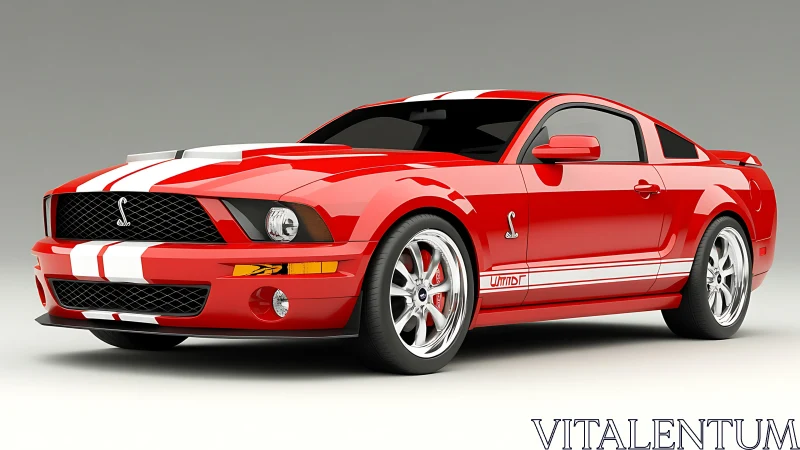 Red Shelby-style muscle car with white racing stripes shown.