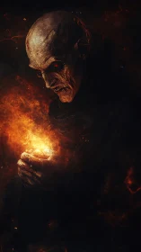 Dark robed skeletal figure holding burning fiery light orb.