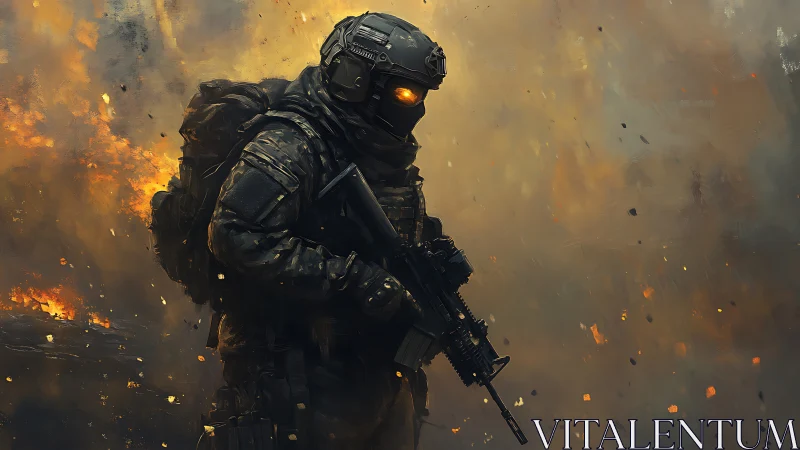 Armored exosuit soldier advances through incendiary battlefield haze