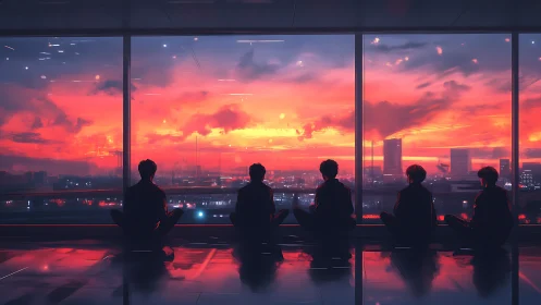 Silhouetted friends watching neon city sunset skyline.