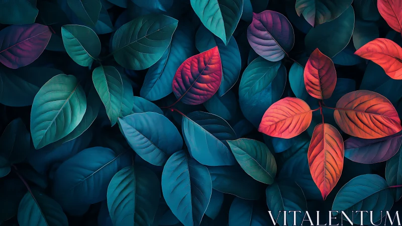 Color drenched foliage glows with vivid teal and crimson contrast