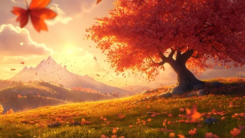 Digital landscape shows red tree before distant mountain peak