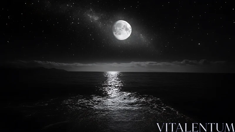 Monochrome seascape under luminous full moon reflection.
