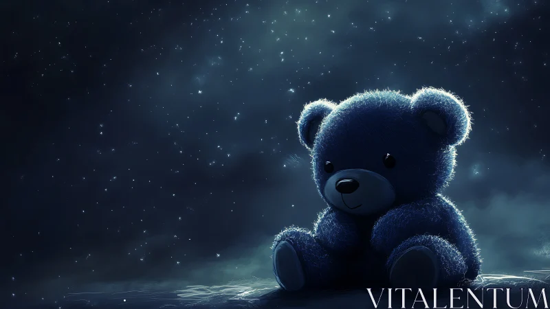 Lonely blue teddy bear sits under a softly glowing night sky