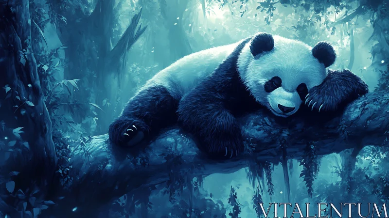 Sleepy panda stretches out on a dreamy forest branch