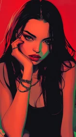 Chromatic portrait of pensive woman under dual-color lighting.