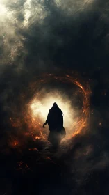 Hooded dark figure walking into fiery tunnel of light.
