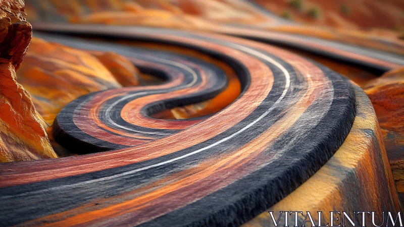 Sinuous stratified roadway curves through stylized canyon terrain