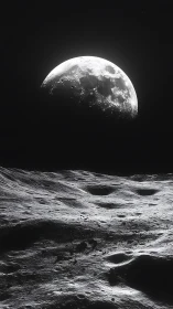 Lunar horizon under stark half-moon light, high contrast.