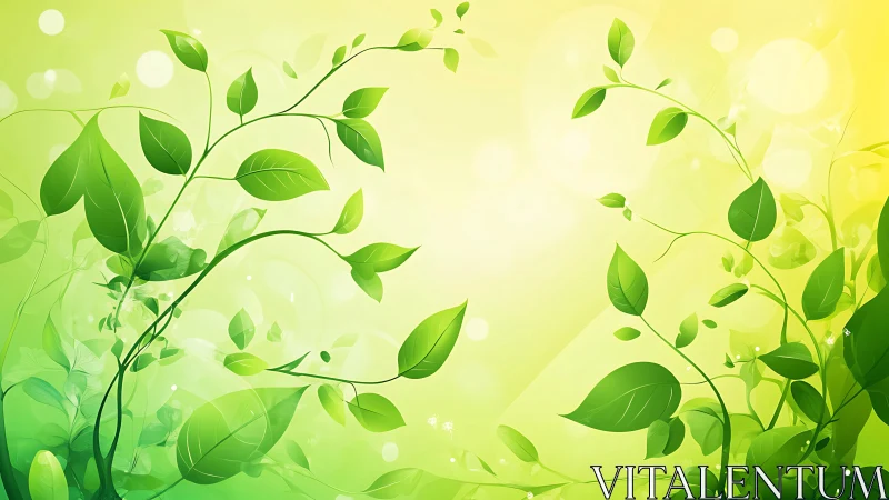 Green leaves and vines over bright yellow background.