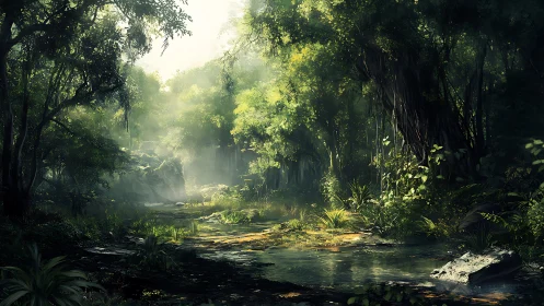 Tropical rainforest stream under layered canopy with diffused light