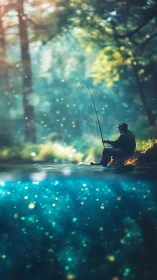 Surreal lakeside fisherman above glowing underwater lights.