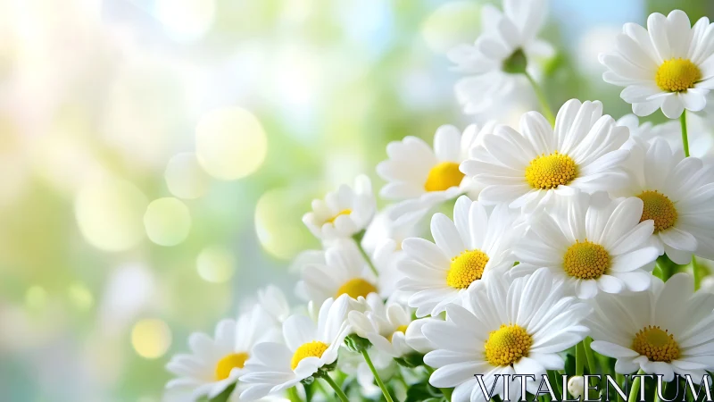 White Daisy Cluster with Yellow Centers Against Soft Bokeh.