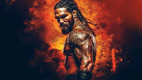 Muscular tattooed fighter posing against fiery orange art