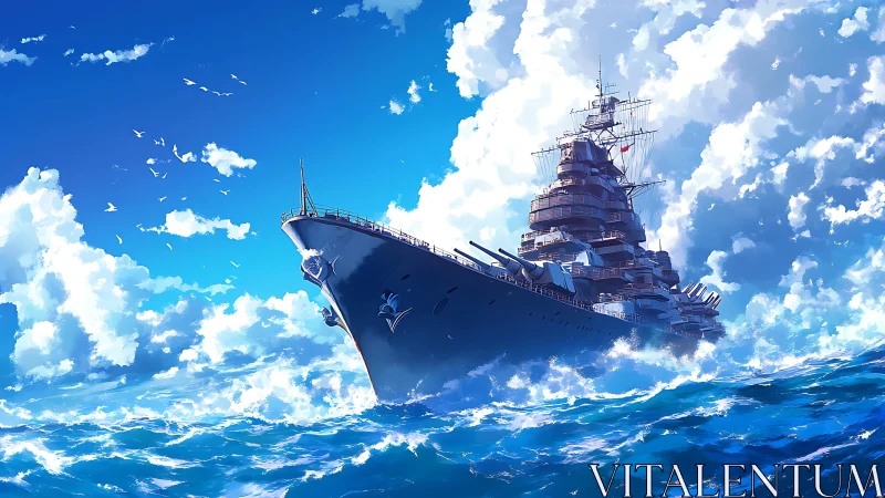 Large battleship cuts through dynamic waves under cumulonimbus sky