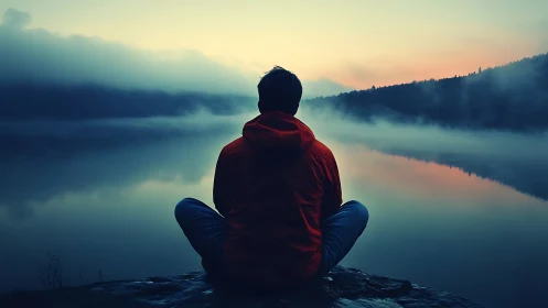 Solitary figure meditating beside misty dawn lake horizon.