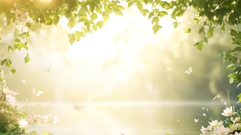 Sunlit Tranquil Lake with Blossoms and Butterflies, Soft Pastel Art.