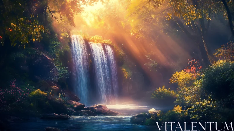 Spectral waterfall cascade under volumetric forest sunlight.