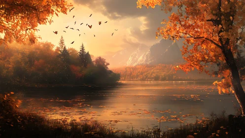 Autumn lakeside landscape with distant mountains at sunset.