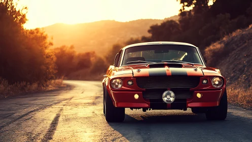 Classic red muscle car on winding road at sunset.