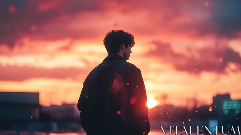 Silhouetted figure watches neon sunset over city skyline.