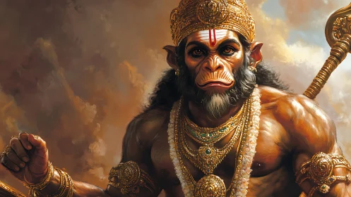 Hanuman deity portrait with golden armor and mace icon