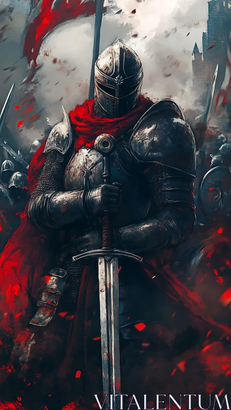 Armored knight with crimson cloak dominates stormy battlefield
