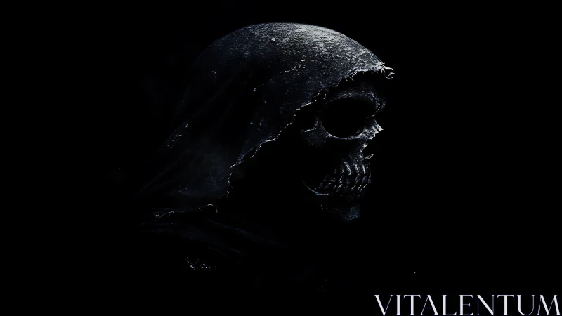 Hooded skeletal profile emerging from deep shadowed void.