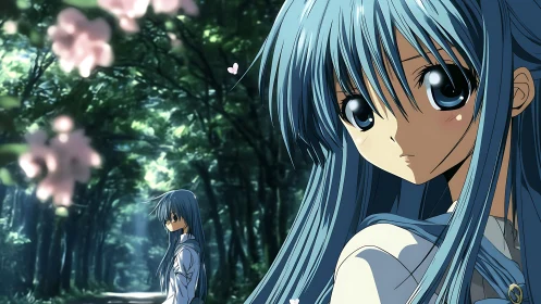 Blue haired anime girl rendered in forest with dual perspective